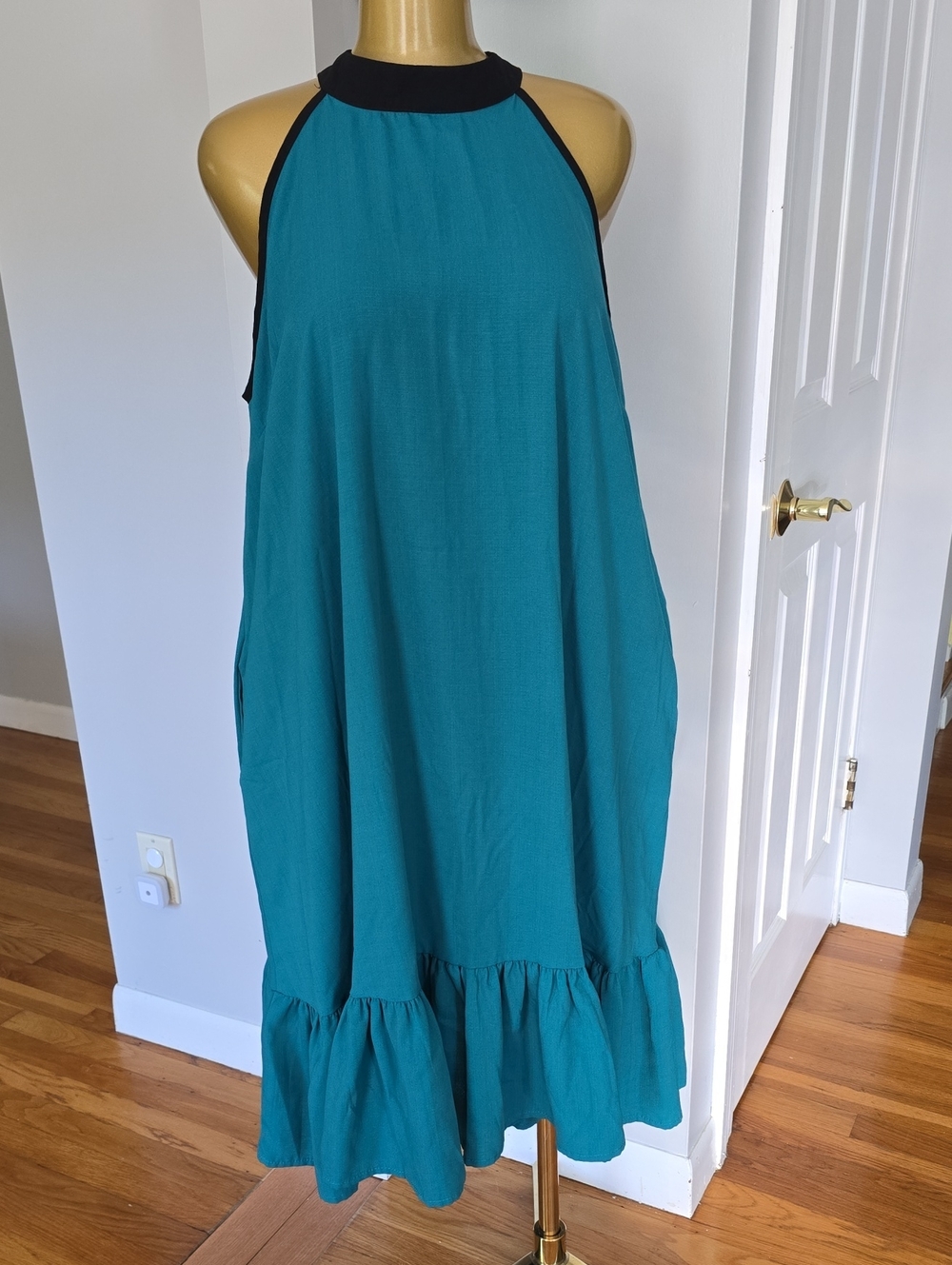 Sleeveless Teal Halter Ruffle-Hem Dress